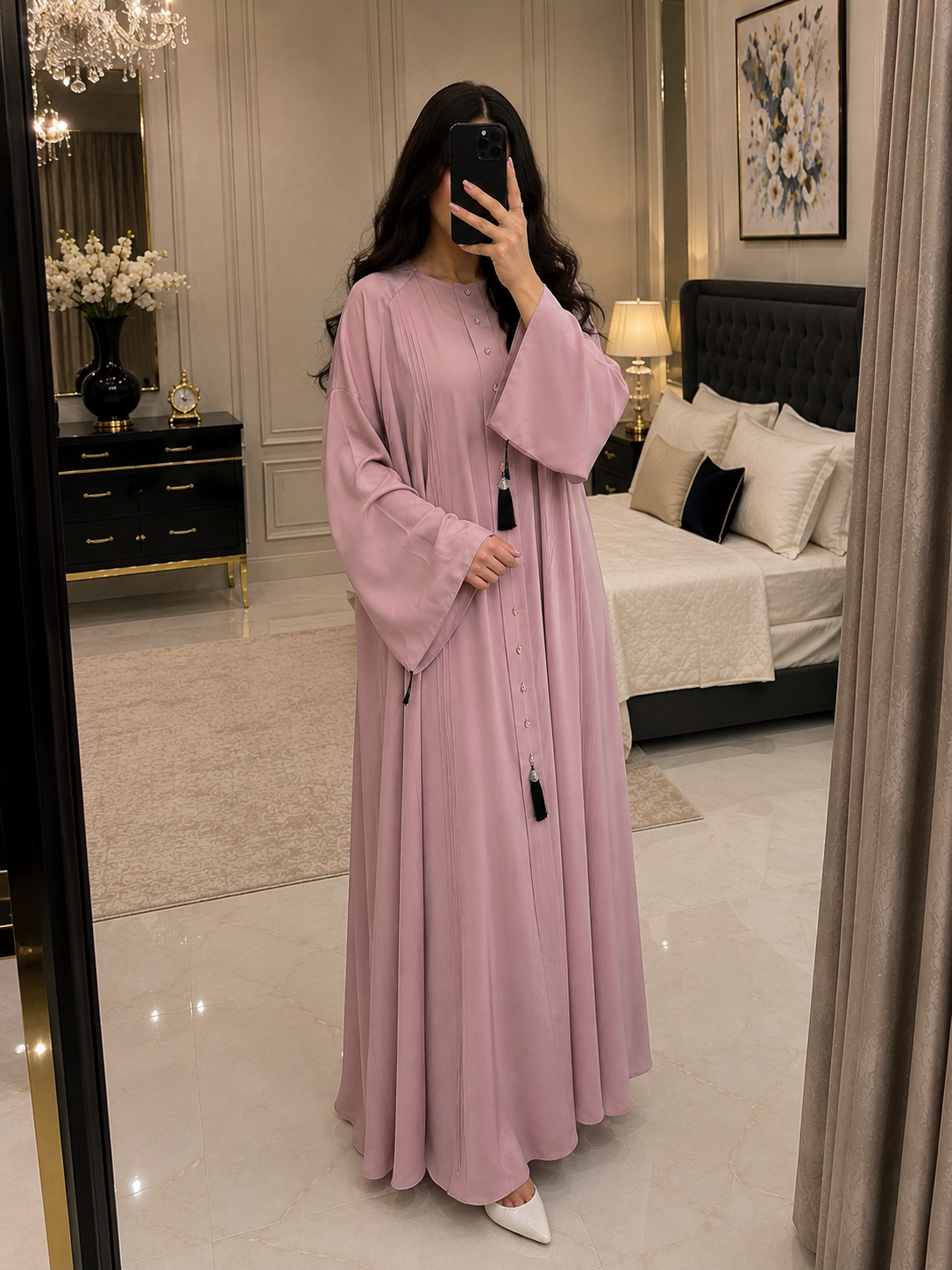 Pleated Pastel Pink Abaya with Tassel Accents