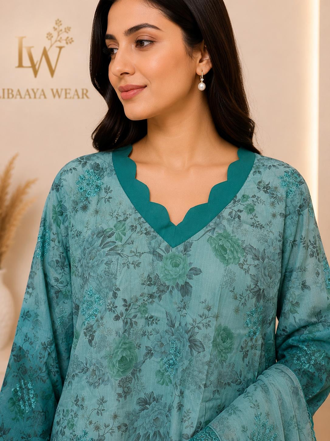 Aqua & Teal Floral Embroidered 3-Piece Stitched Suit