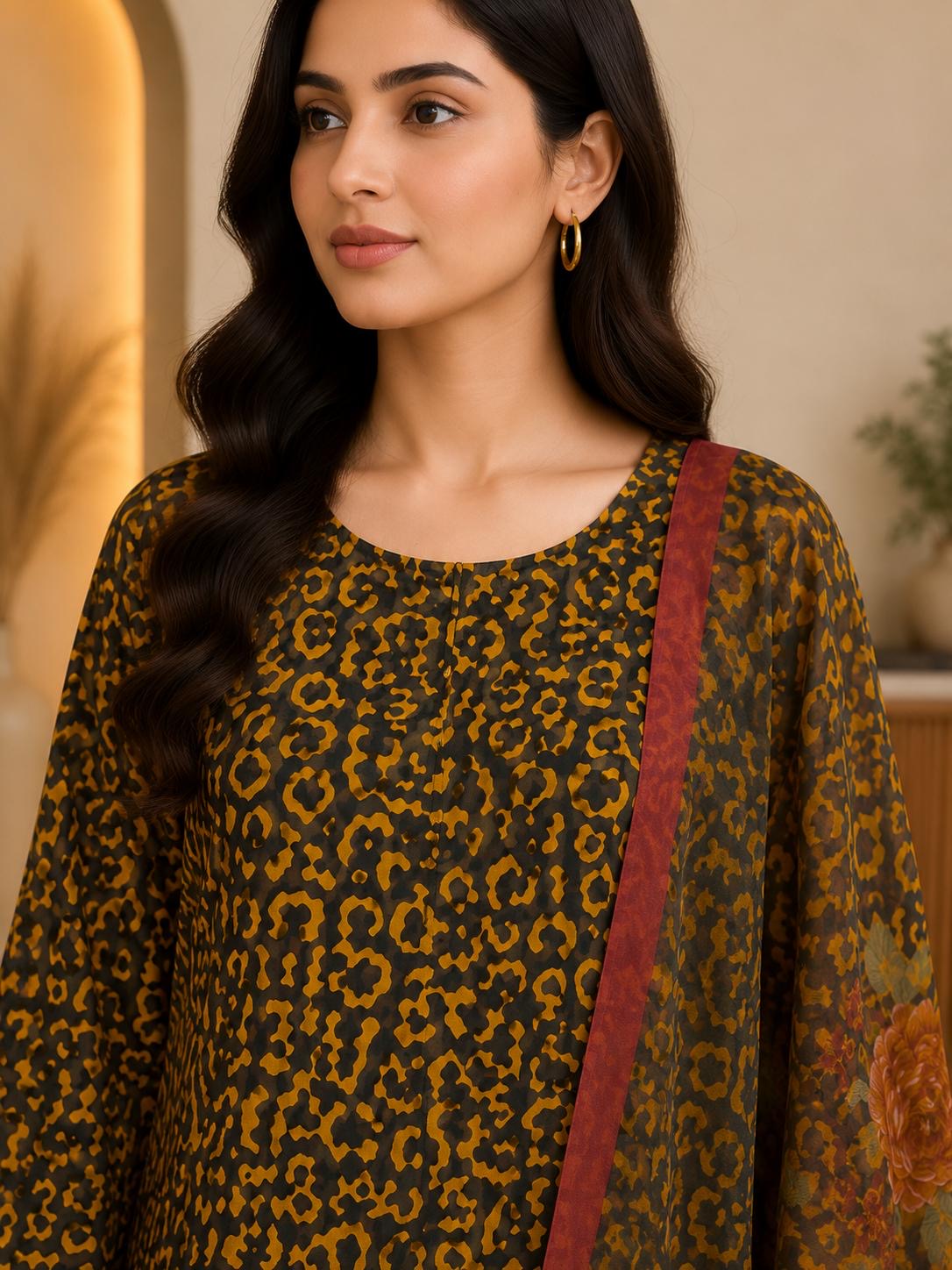 Mustard & Olive Animal Print 3-Piece Stitched Suit