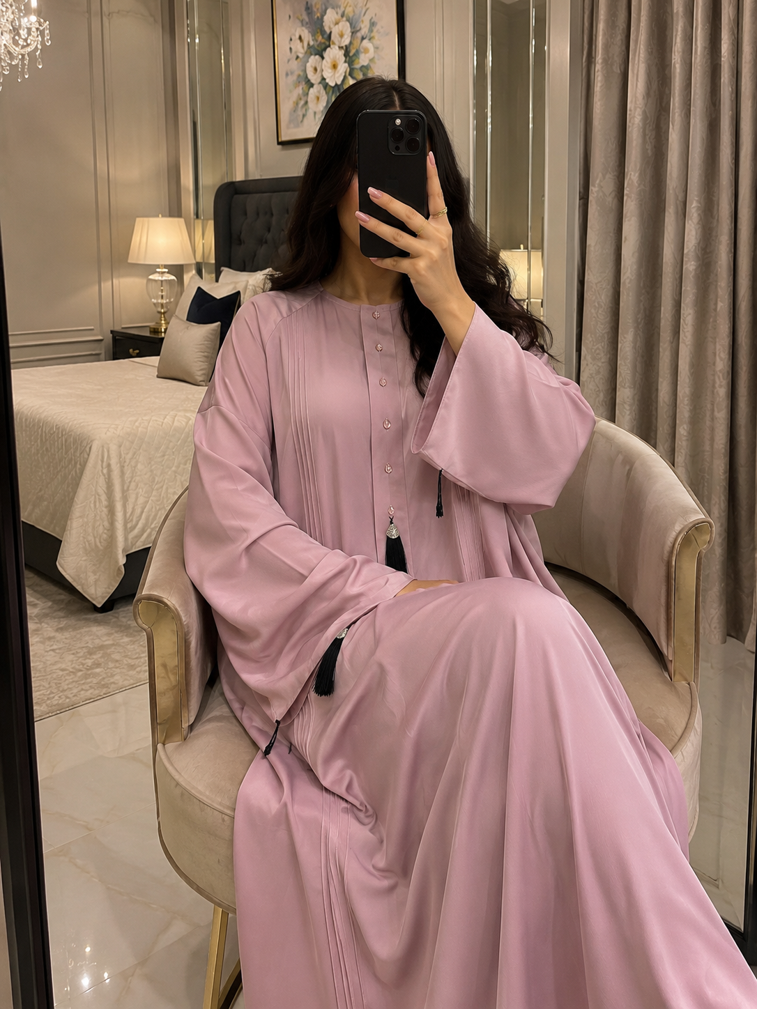 Pleated Pastel Pink Abaya with Tassel Accents