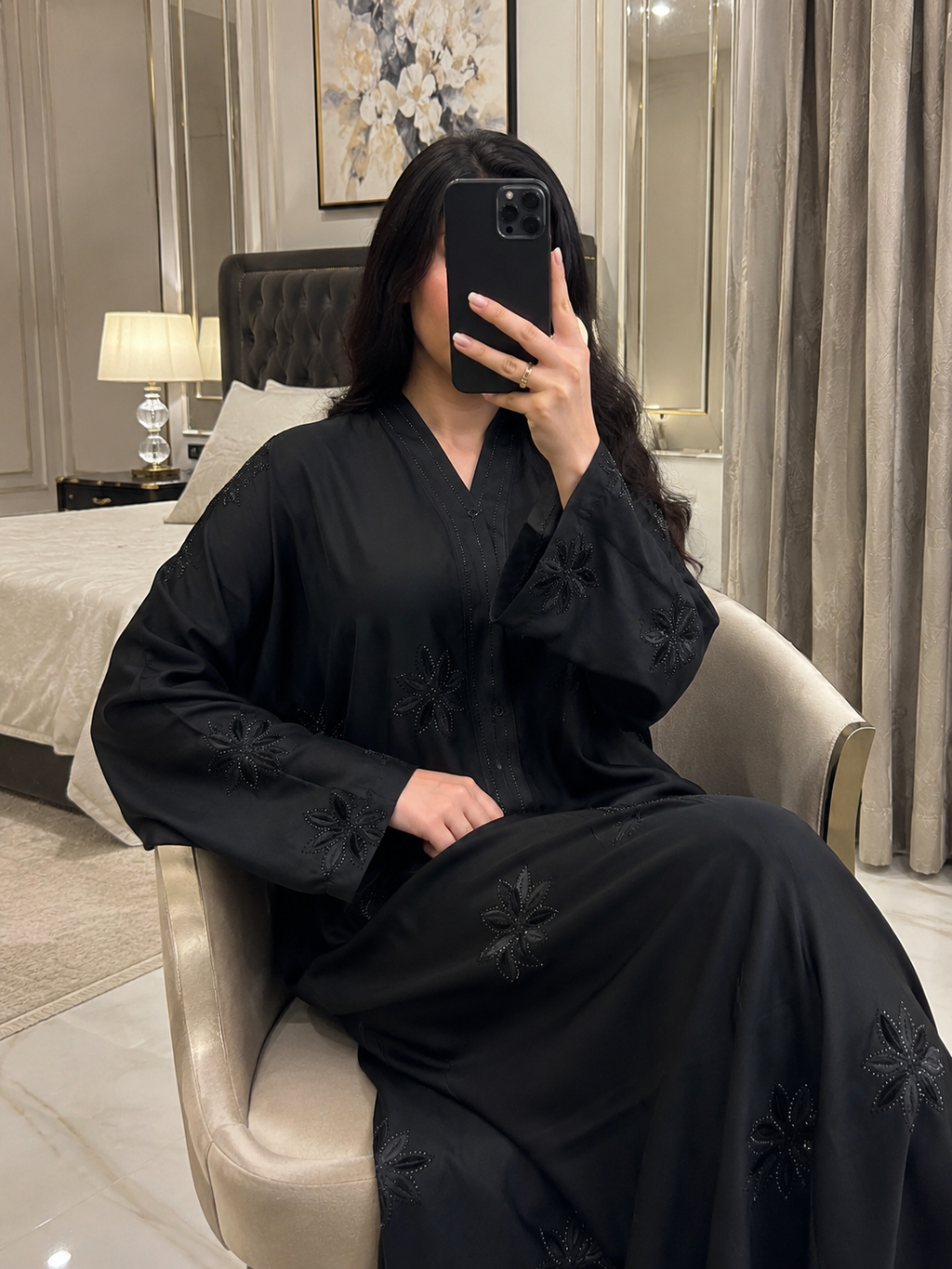 Starry Bloom Embellished Black Abaya