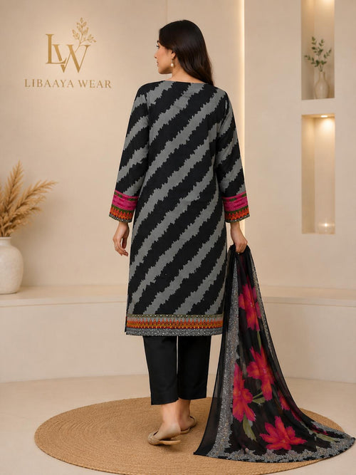 Black & Grey Zigzag Printed 3-Piece Stitched Suit