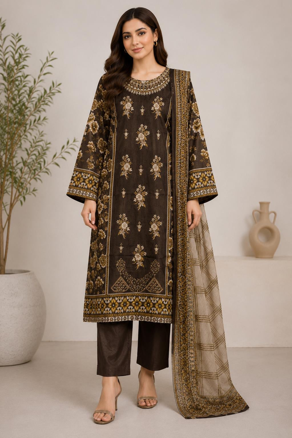 Chocolate Brown Floral Printed 3-Piece Stitched Suit