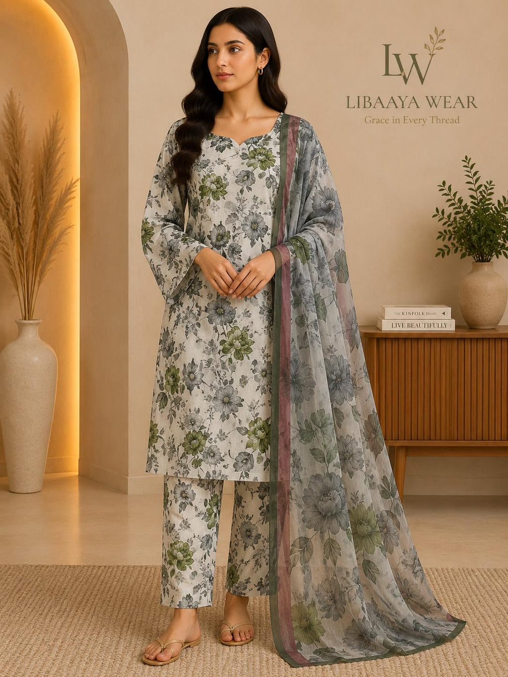 Sage & Gray Floral Printed 3-Piece Stitched Suit