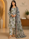 Sage & Gray Floral Printed 3-Piece Stitched Suit