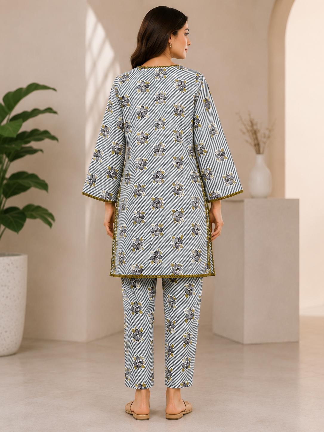 Grey Striped Floral 2-Piece Stitched Suit