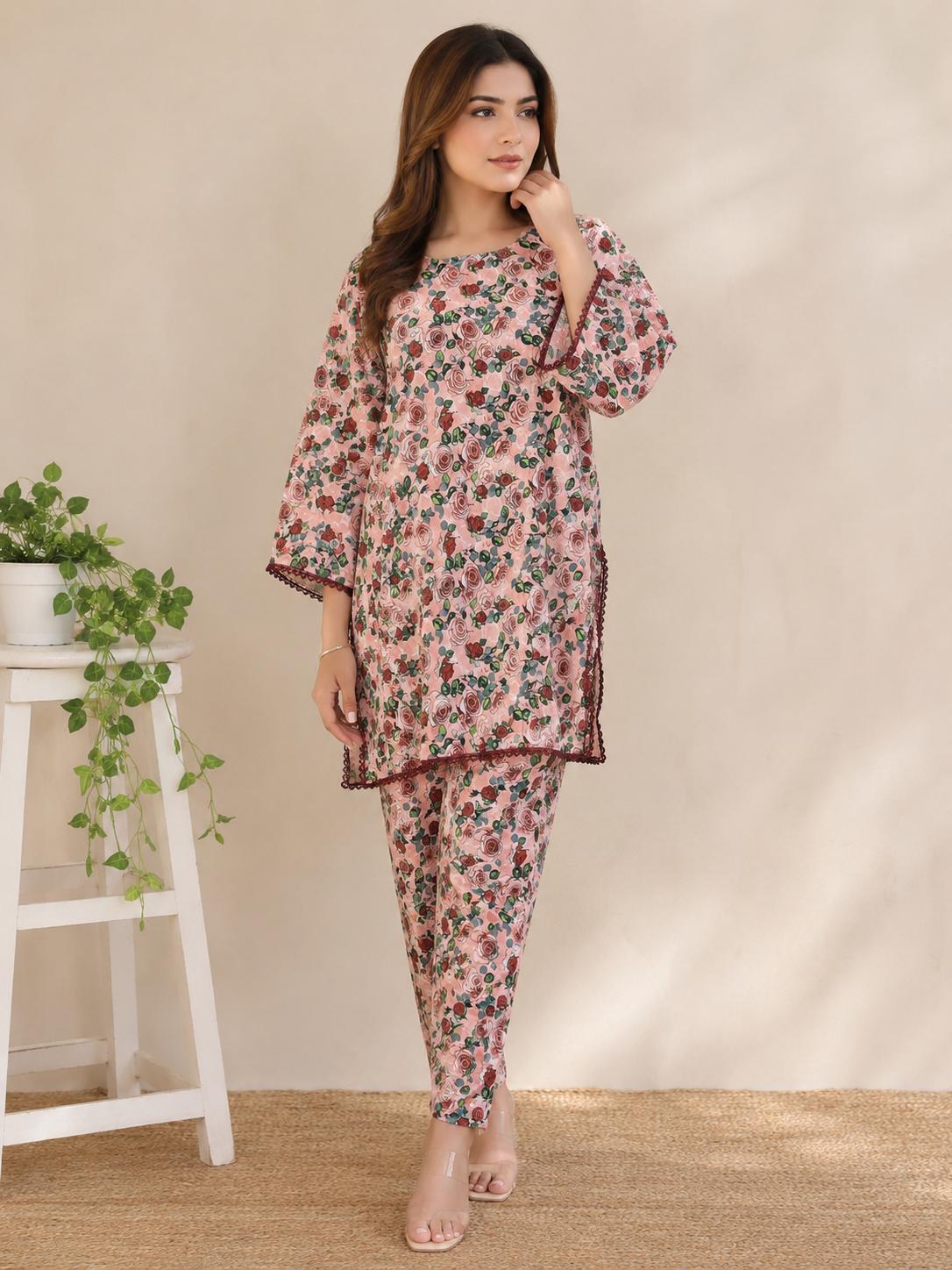 Blush Rose Floral 2-Piece Stitched Suit
