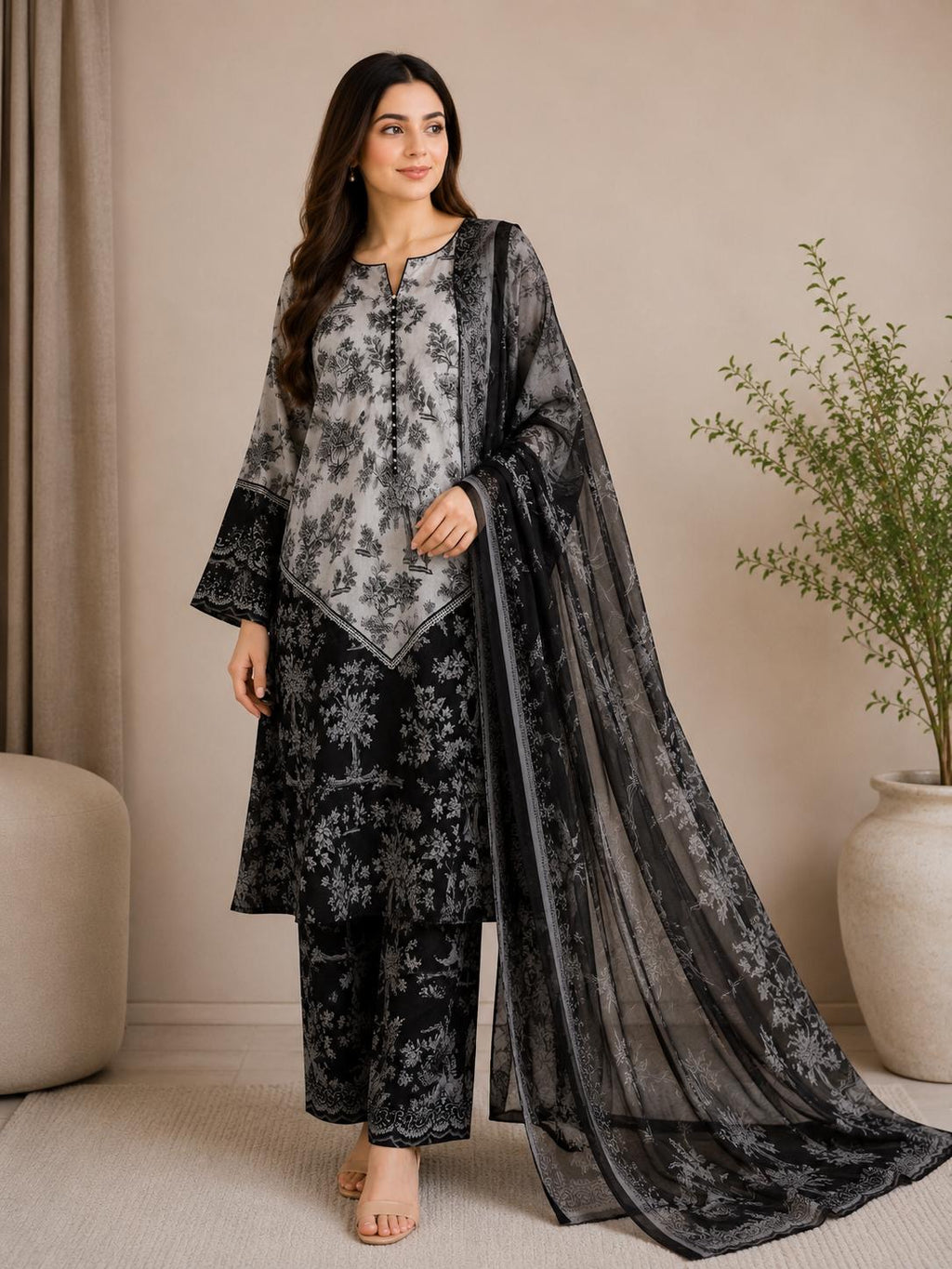 Elegant Floral Lawn 3-Piece Stitched Suit