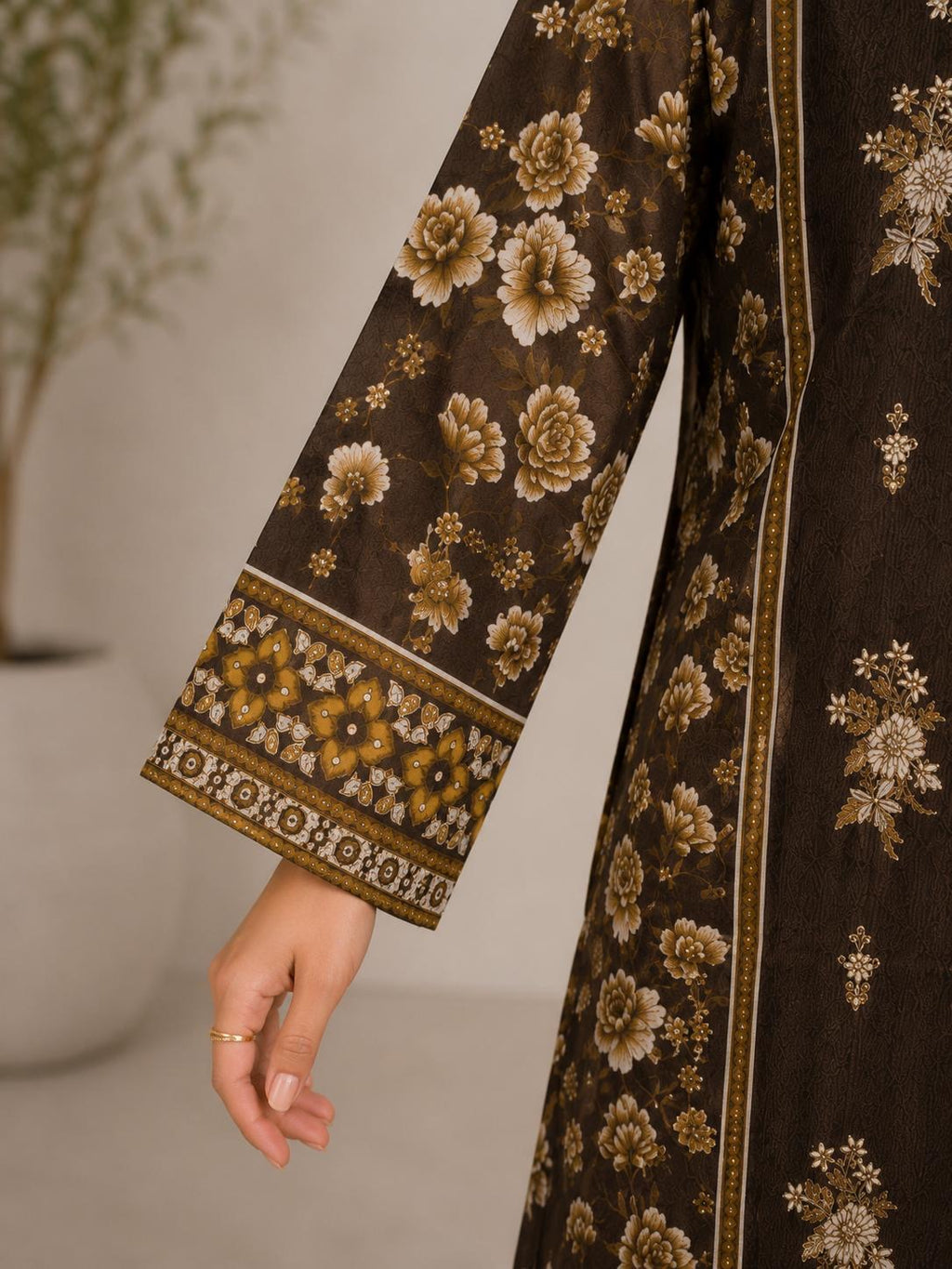 Chocolate Brown Floral Printed 3-Piece Stitched Suit
