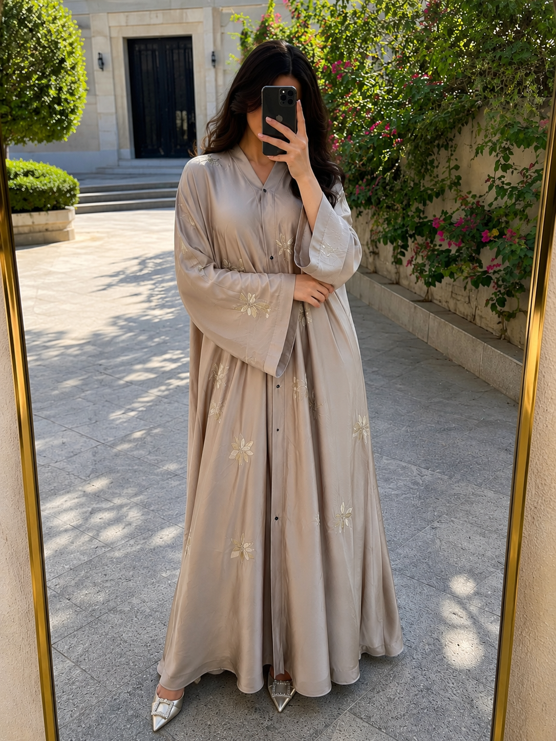 Serene Beige Floral-Embellished Abaya