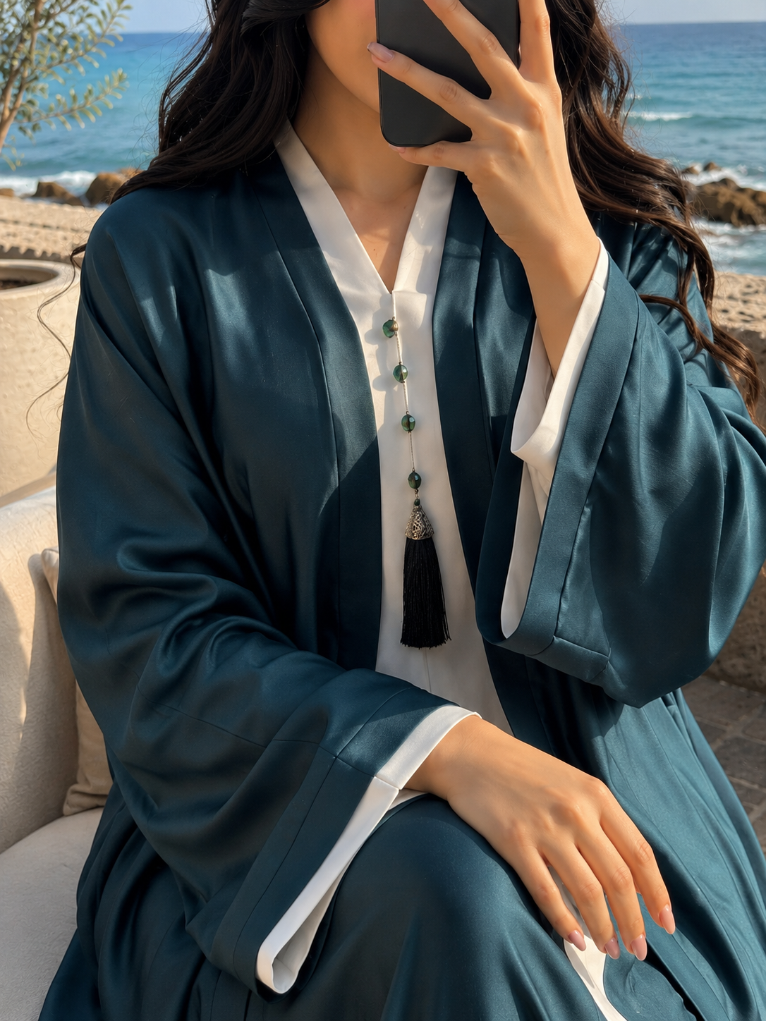 Two-Tone Teal & White Elegant Abaya