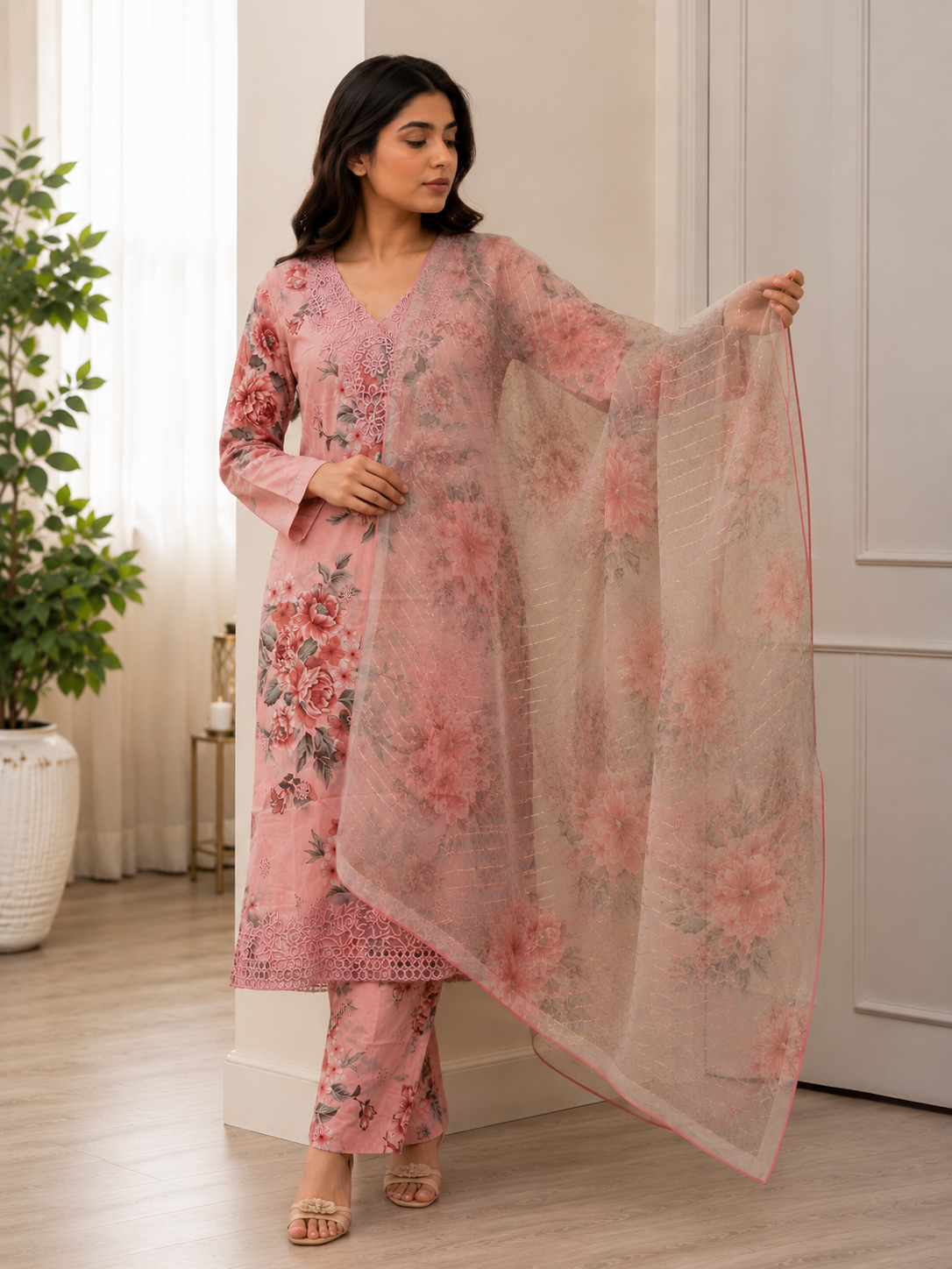 Elegant Pink Floral 3-Piece Lawn Suit 🌸