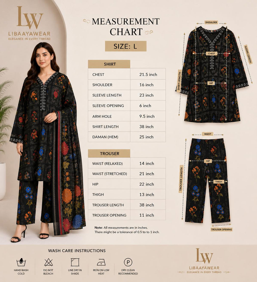 Midnight Black Floral Box-Print 3-Piece Stitched Suit