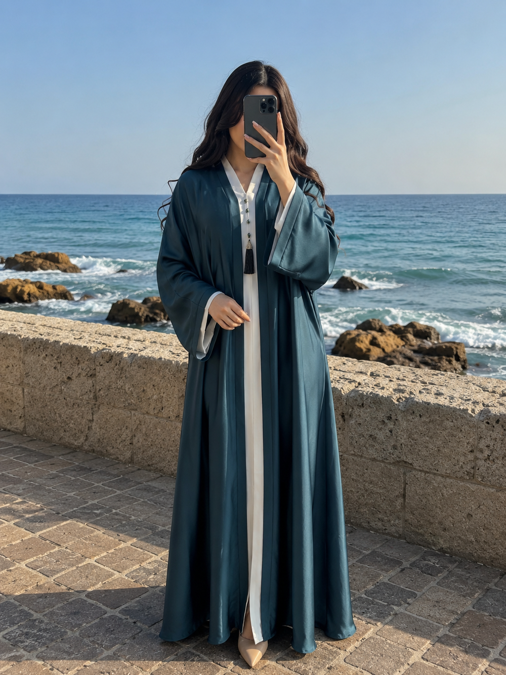 Two-Tone Teal & White Elegant Abaya