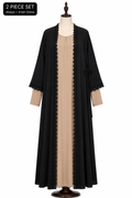 2 Piece Open Front Abaya Set – Black Abaya with Cream Inner Dress