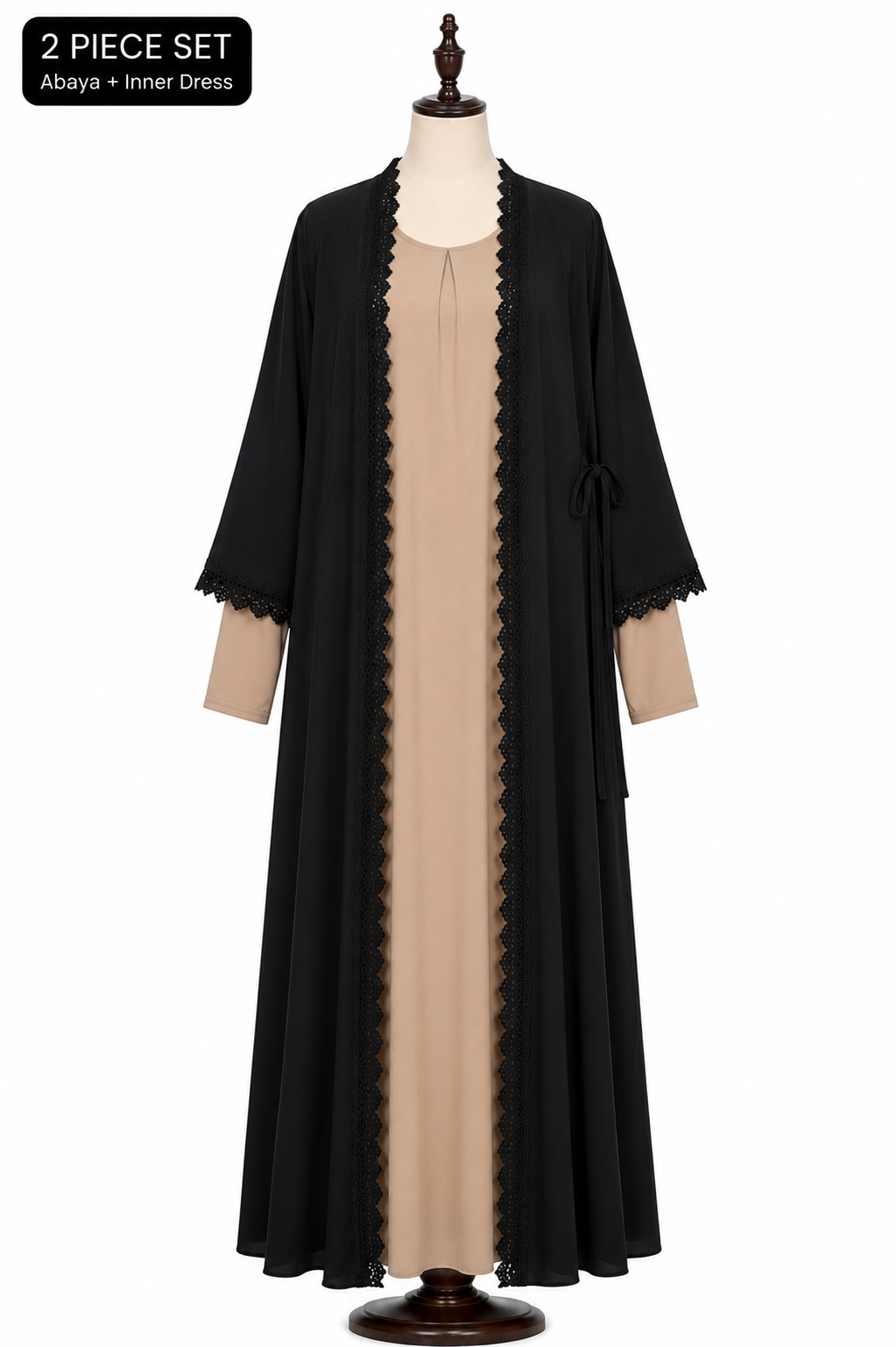 2 Piece Open Front Abaya Set – Black Abaya with Cream Inner Dress