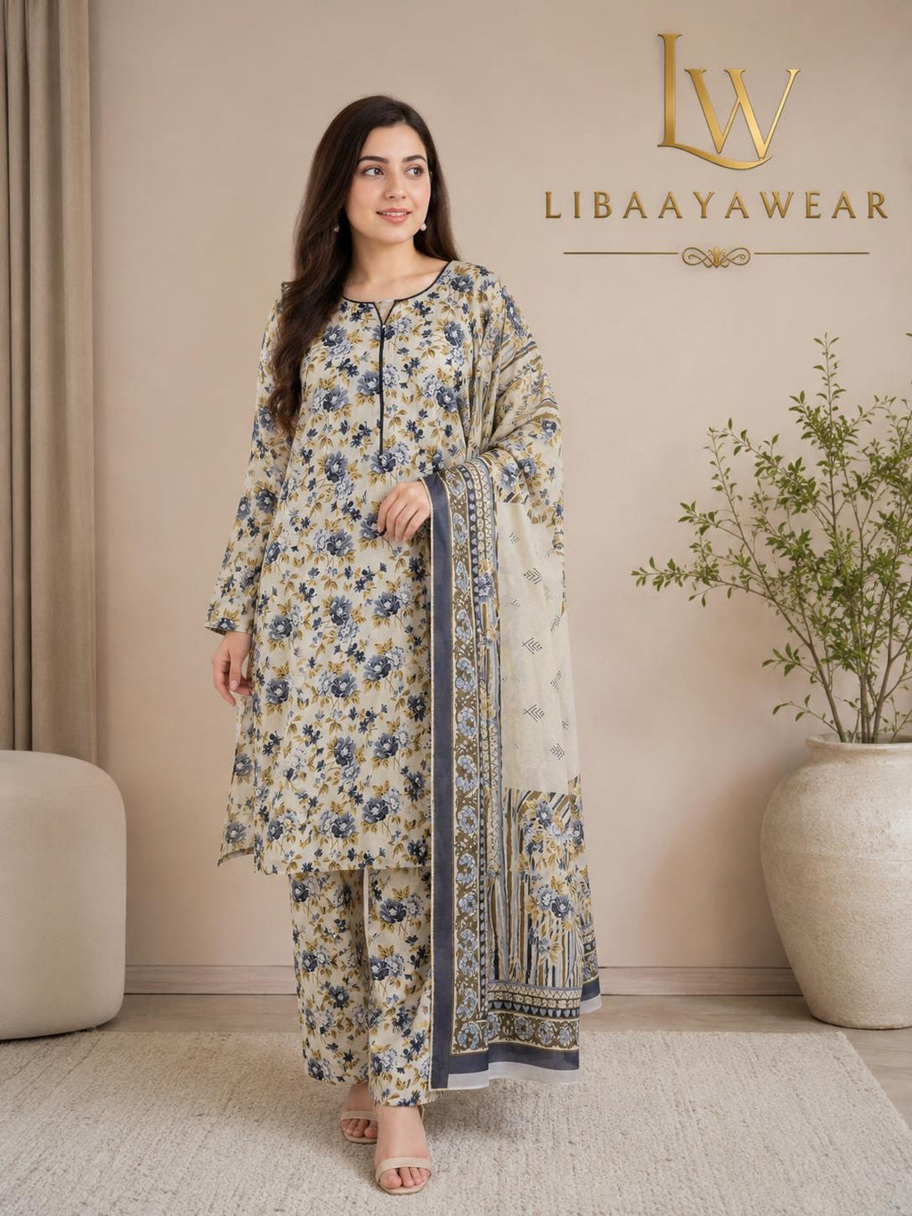 Elegant Floral Lawn 3-Piece Stitched Suit