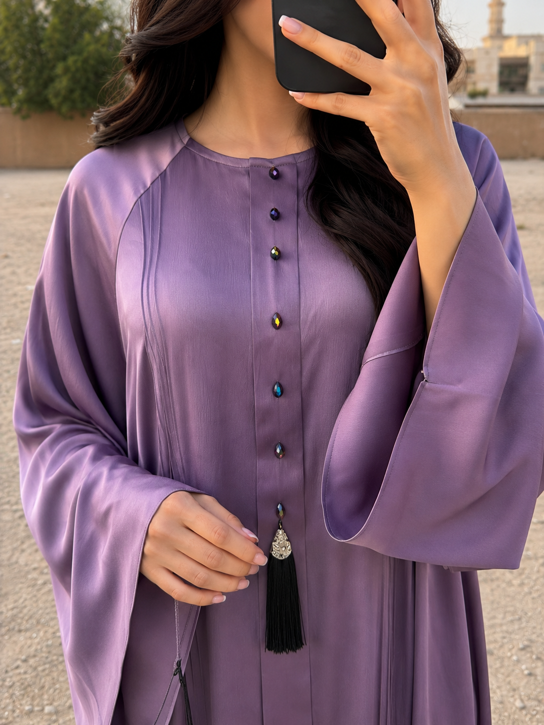 Serene Lavender Silk-Blend Tasseled Abaya