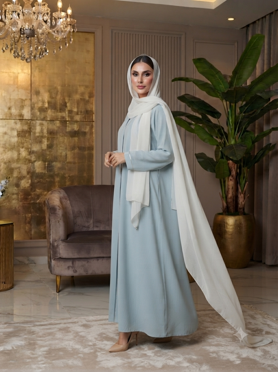 Pastel Blue Minimalist Abaya with Delicate Trim