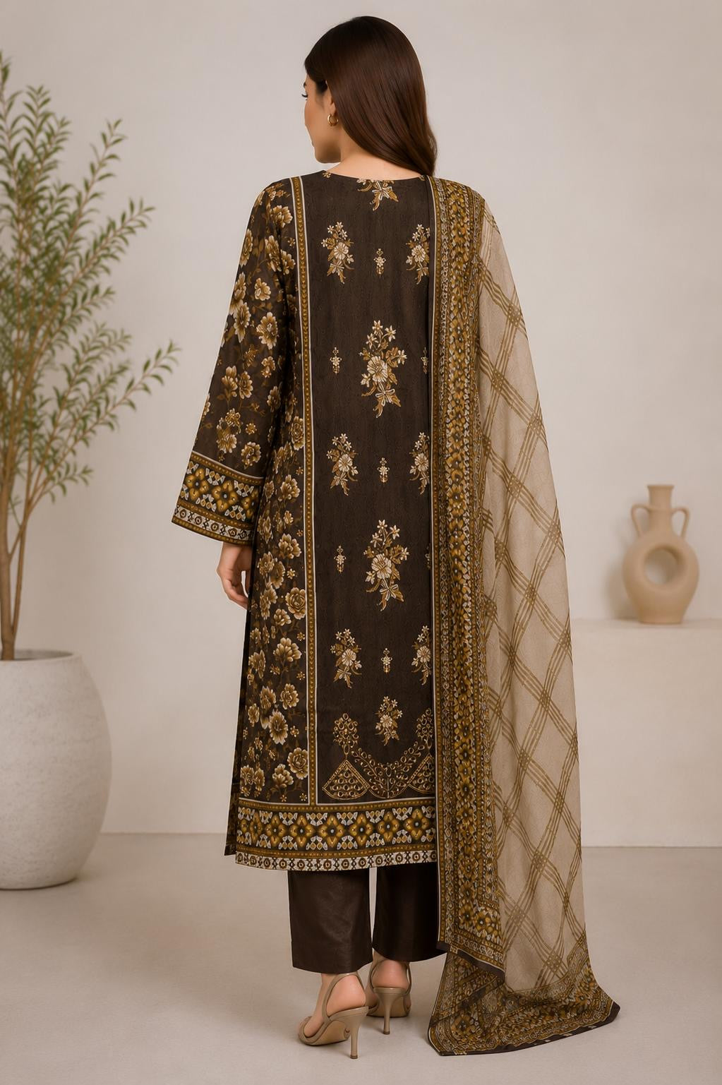 Chocolate Brown Floral Printed 3-Piece Stitched Suit