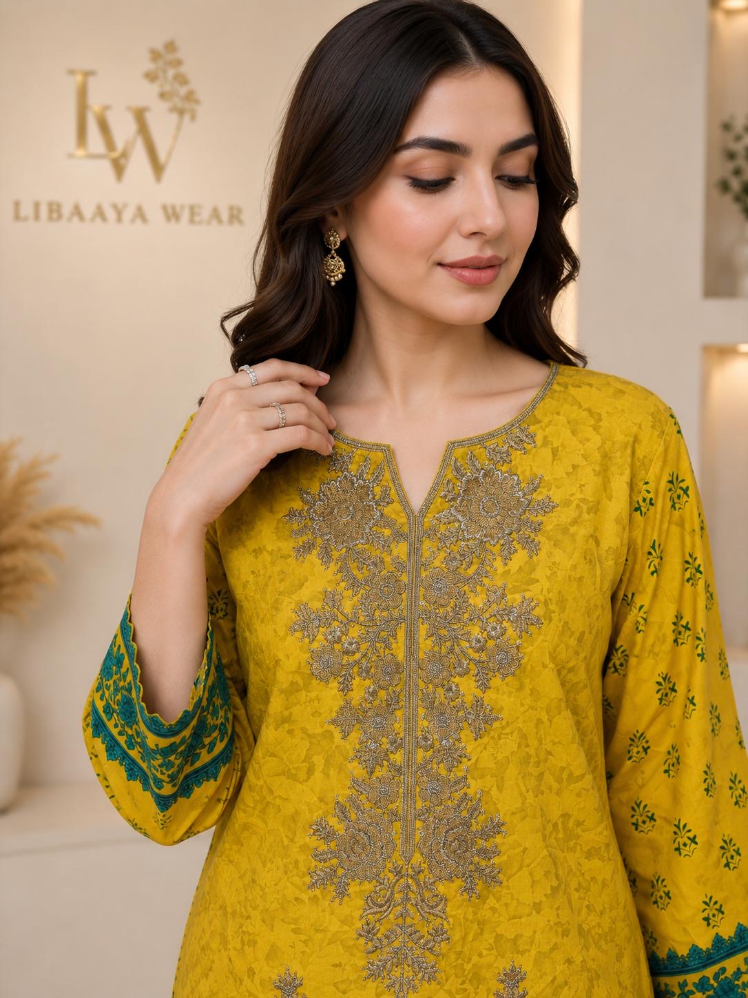 Mustard & Teal Embroidered 3-Piece Stitched Suit