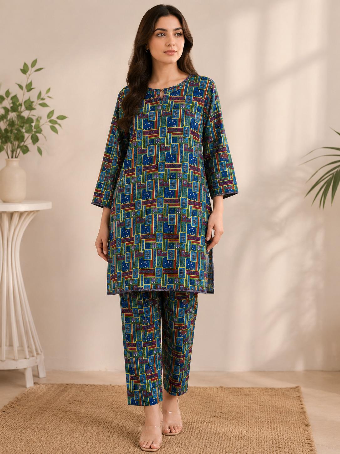 Royal Blue Geometric Abstract 2-Piece Stitched Suit