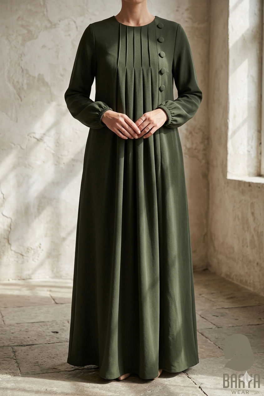 Olive Pleated Button Abaya