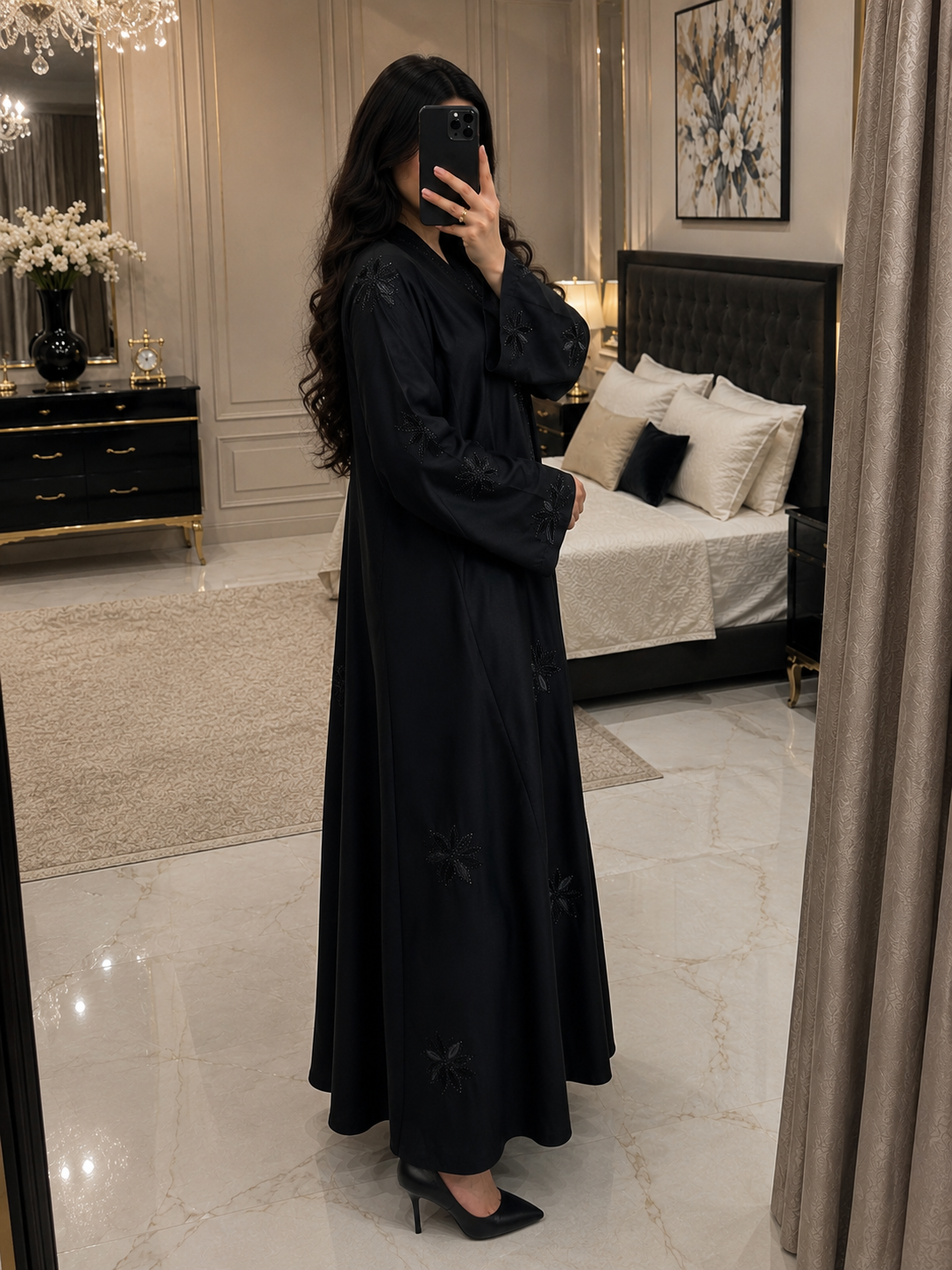 Starry Bloom Embellished Black Abaya