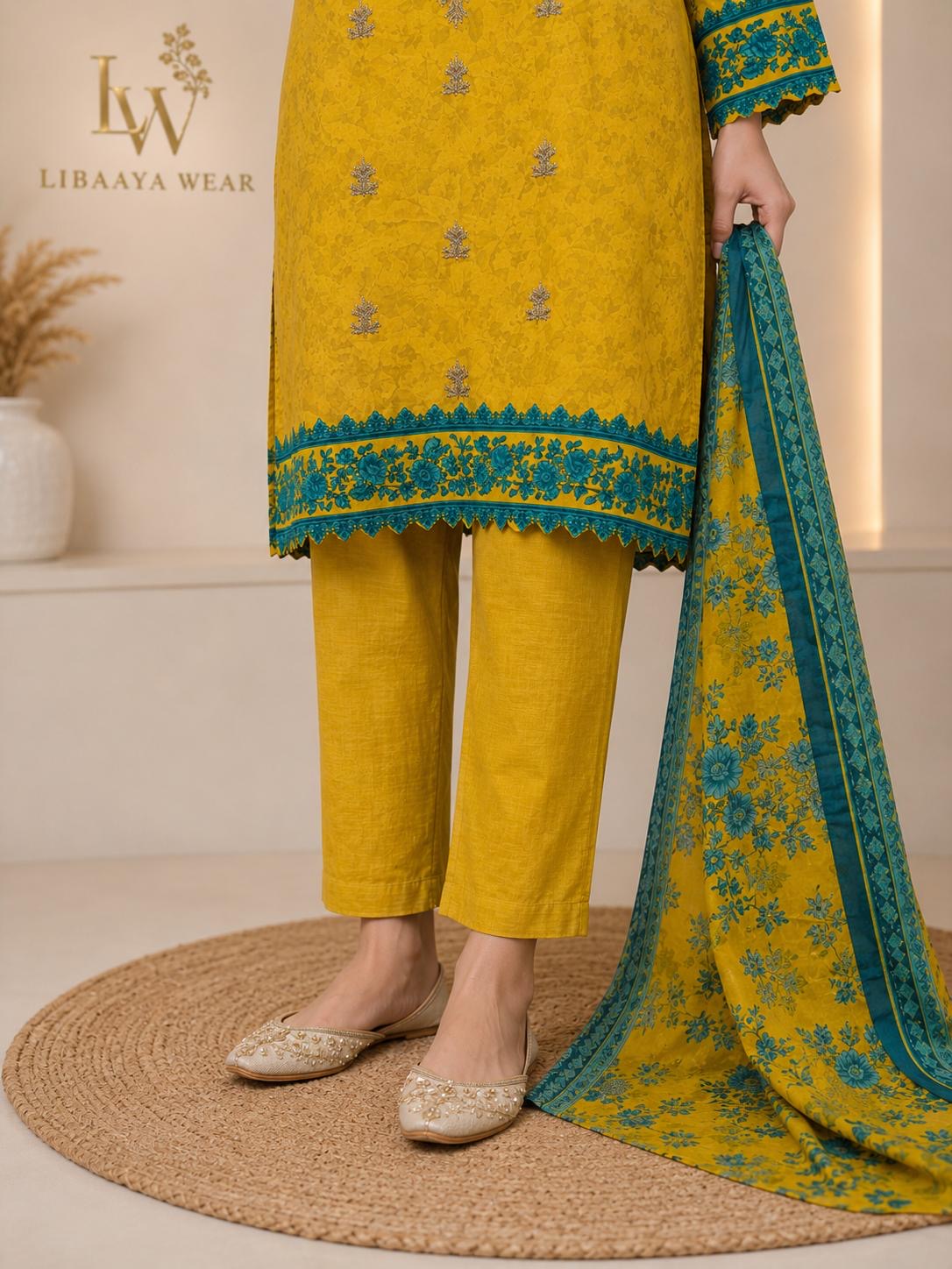 Mustard & Teal Embroidered 3-Piece Stitched Suit