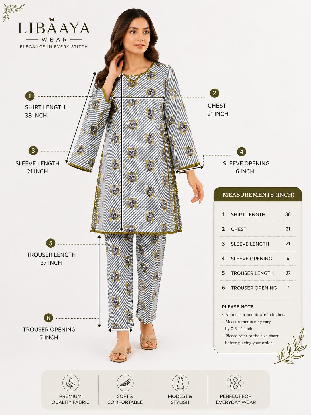 Grey Striped Floral 2-Piece Stitched Suit