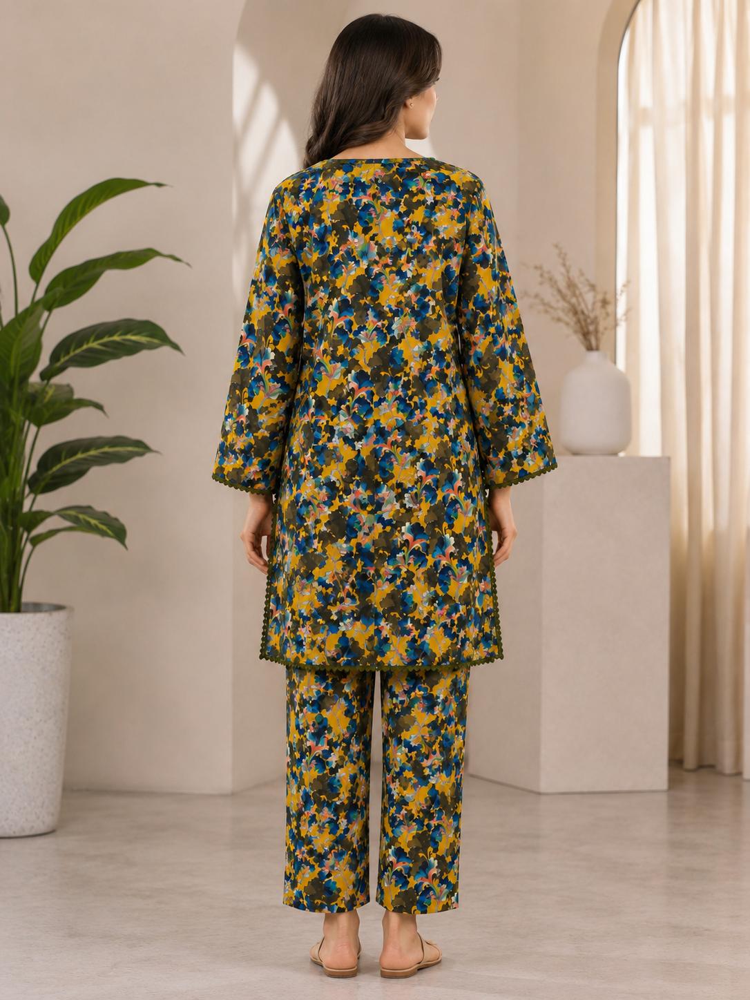 Mustard Floral 2-Piece Stitched Suit