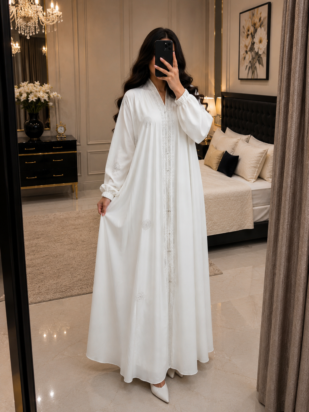 Radiant White Crystal-Embellished Abaya