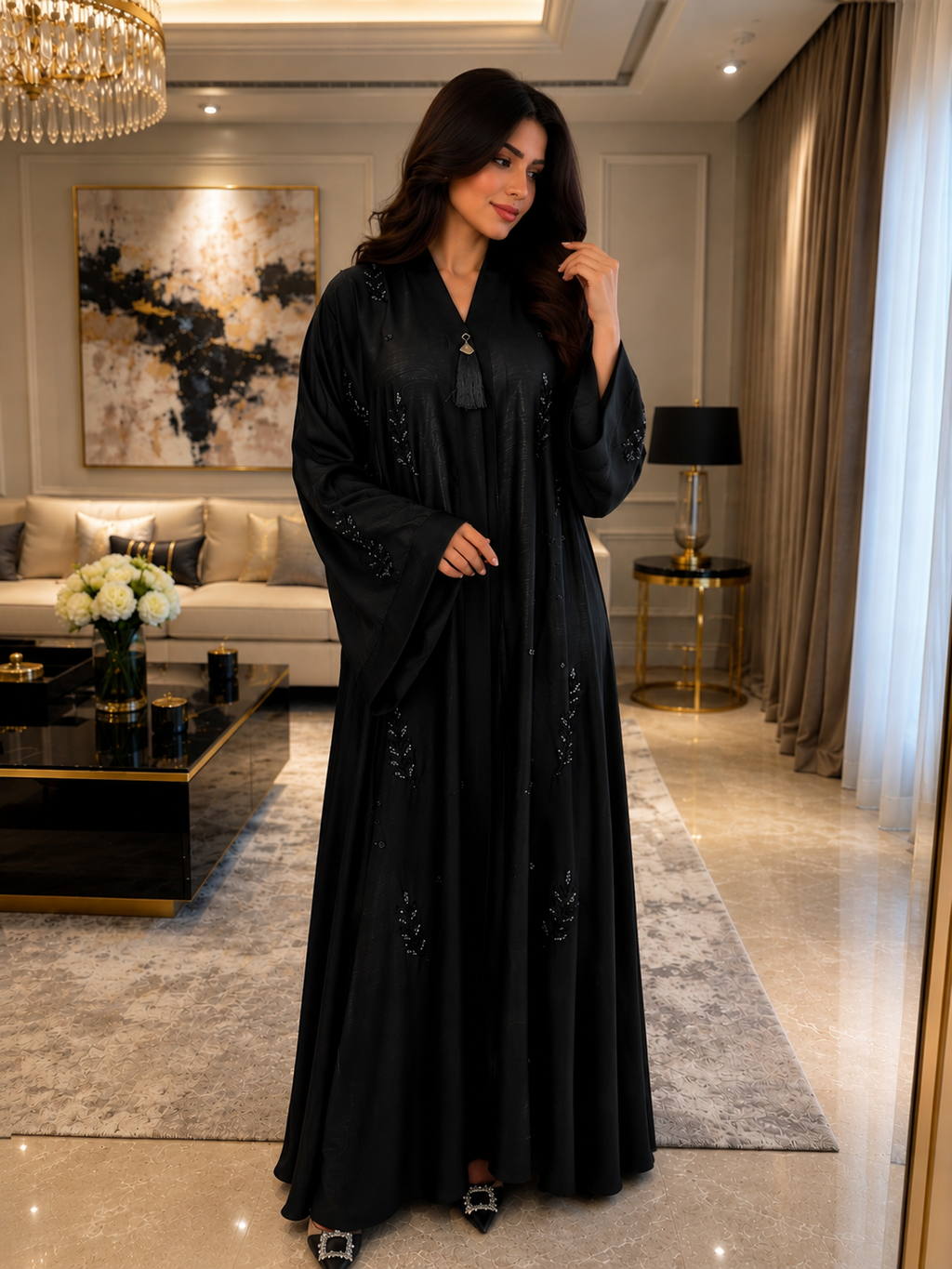 Enchanting Floral-Embroidered Black Abaya