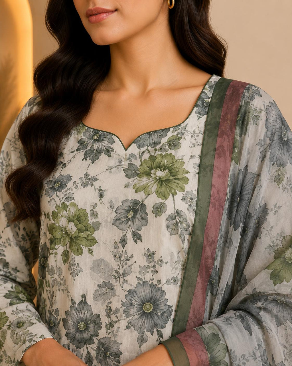 Sage & Gray Floral Printed 3-Piece Stitched Suit