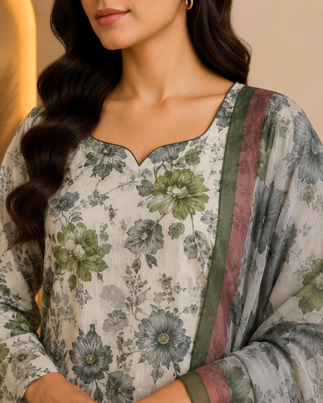 Sage & Gray Floral Printed 3-Piece Stitched Suit