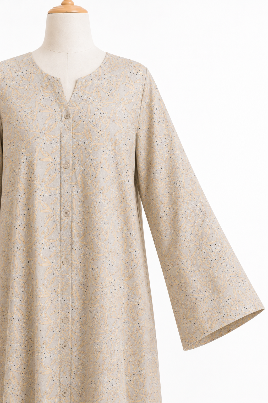 Cream Printed Button Front Abaya