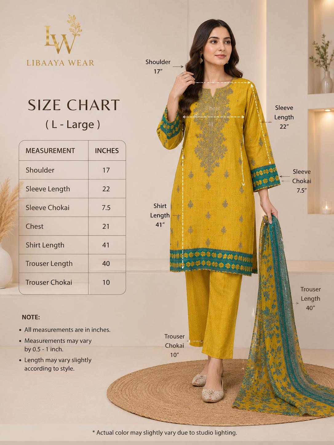 Mustard & Teal Embroidered 3-Piece Stitched Suit