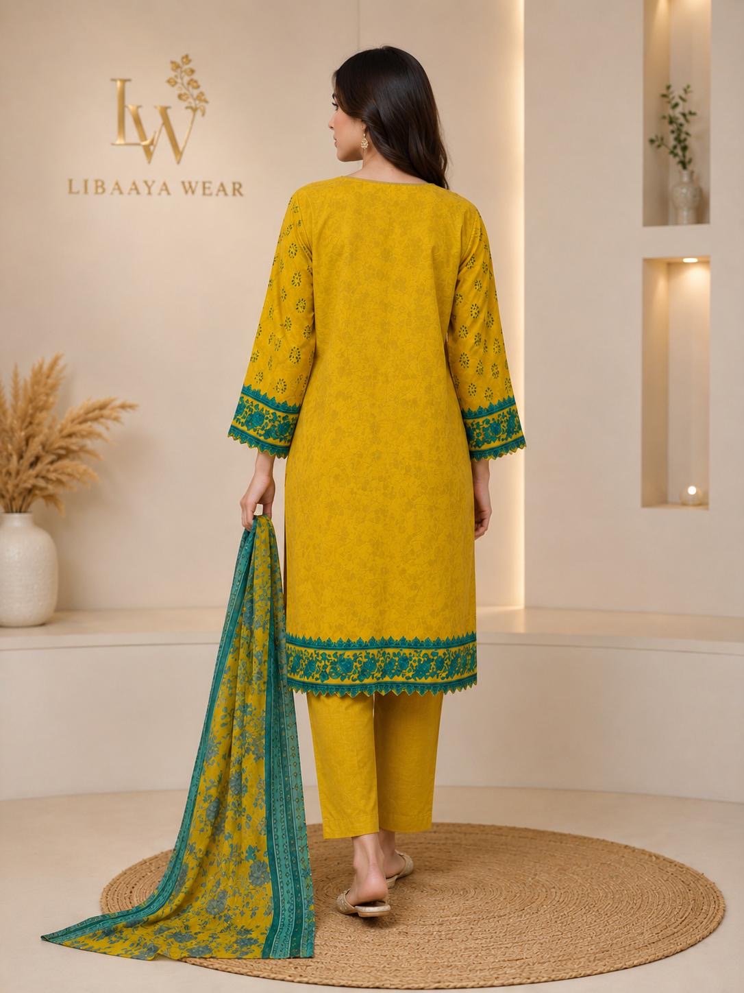 Mustard & Teal Embroidered 3-Piece Stitched Suit
