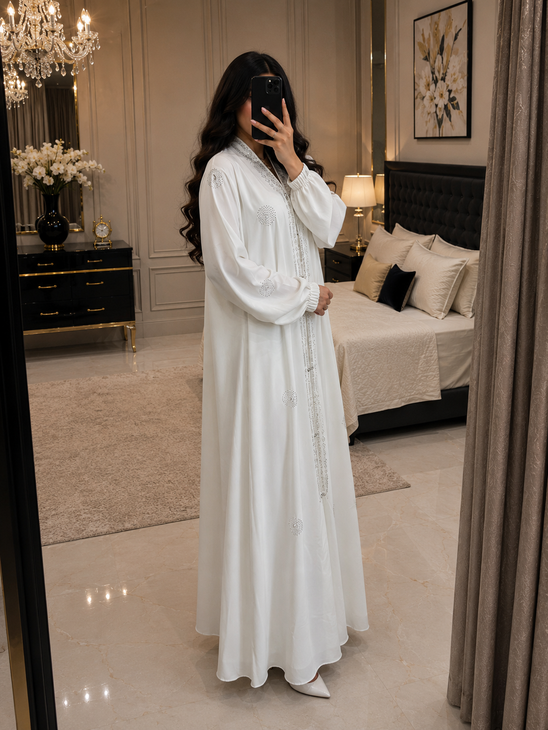 Radiant White Crystal-Embellished Abaya