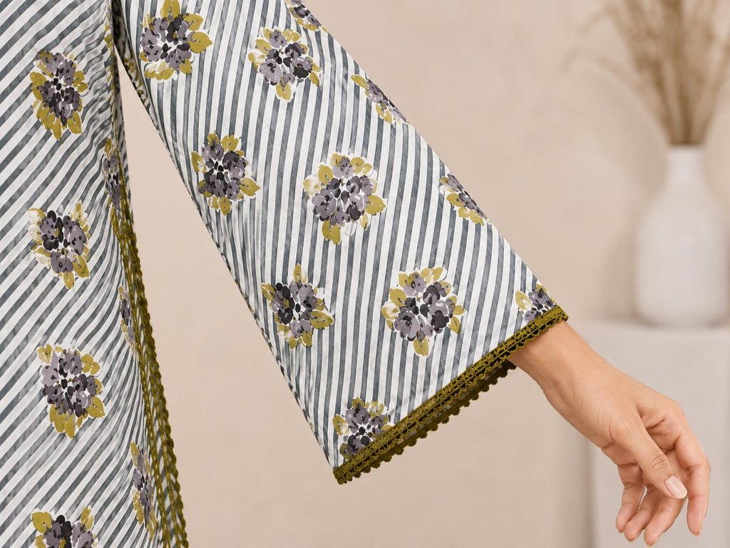 Grey Striped Floral 2-Piece Stitched Suit