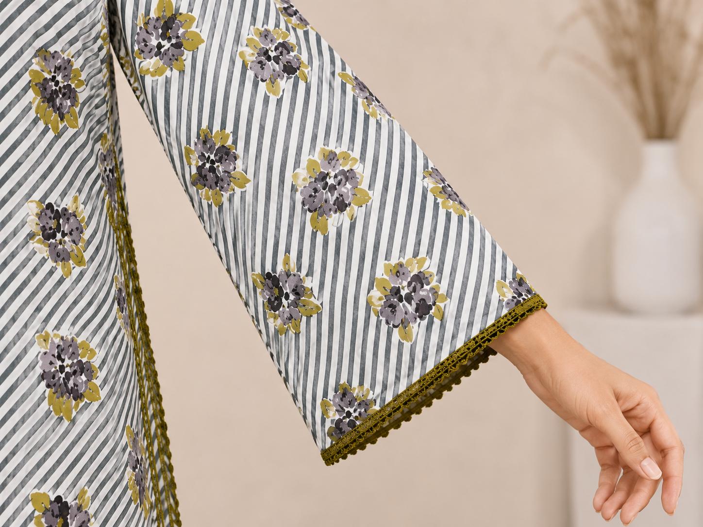 Grey Striped Floral 2-Piece Stitched Suit