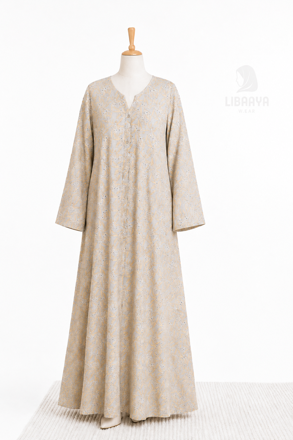 Cream Printed Button Front Abaya