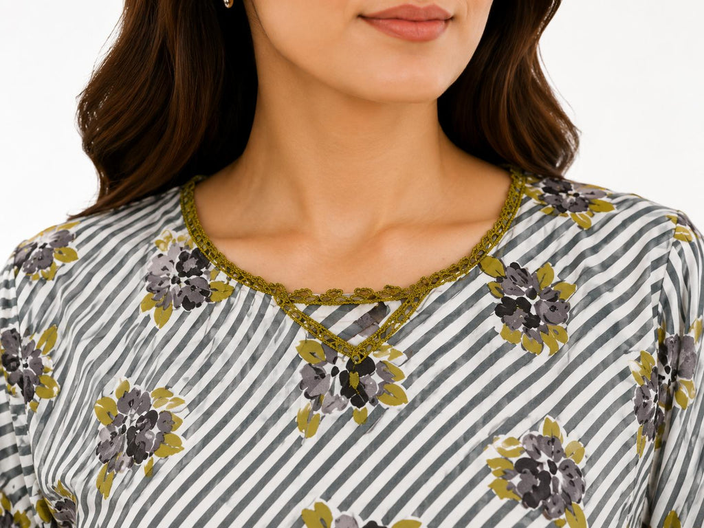 Grey Striped Floral 2-Piece Stitched Suit
