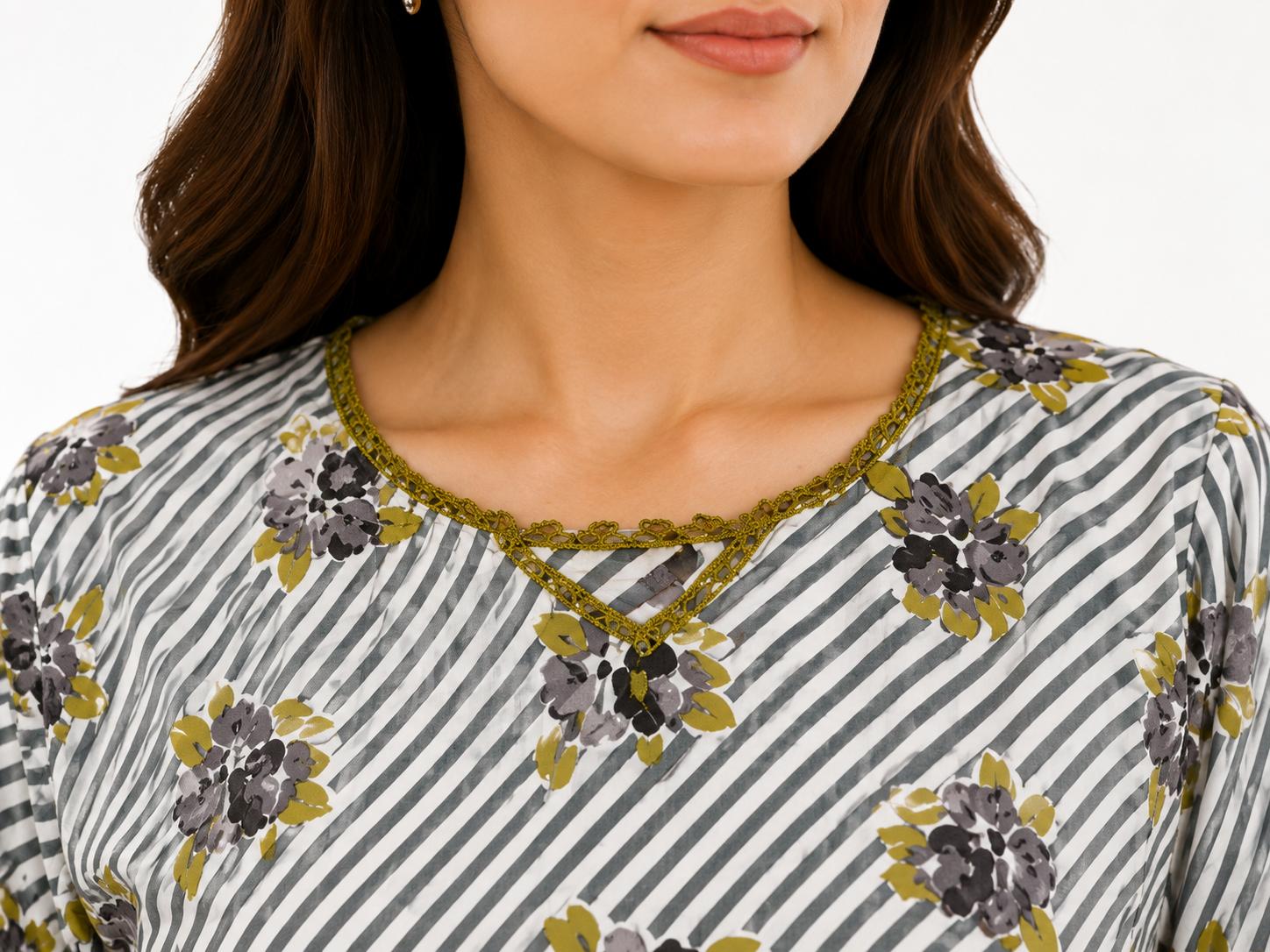 Grey Striped Floral 2-Piece Stitched Suit