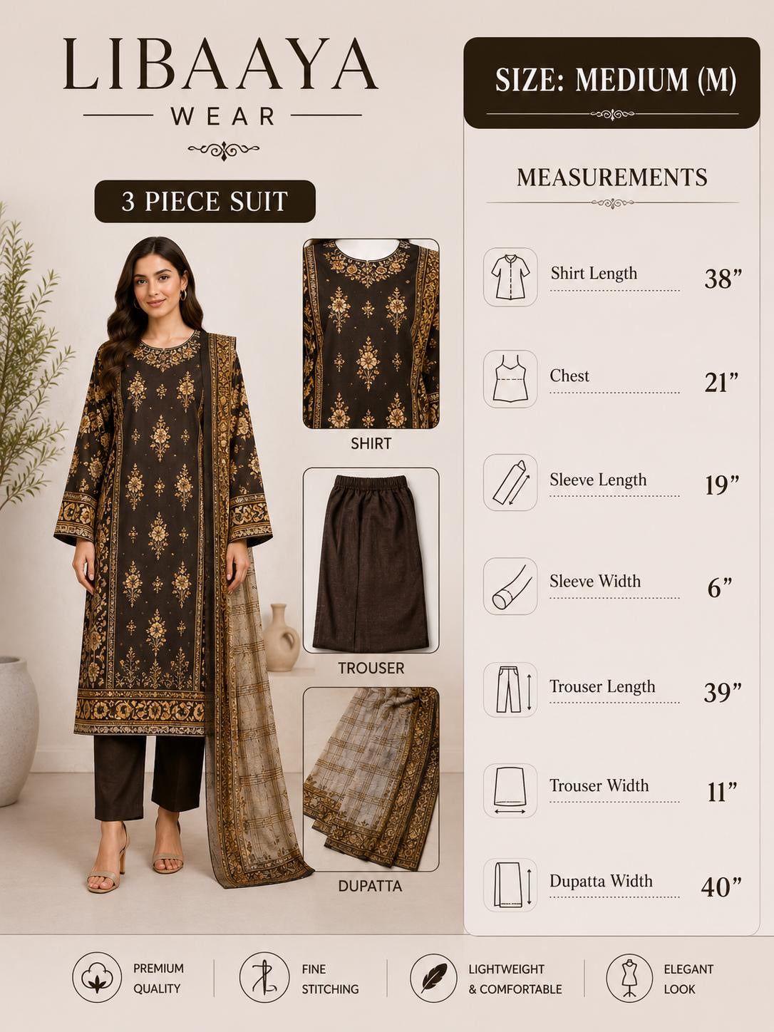 Chocolate Brown Floral Printed 3-Piece Stitched Suit