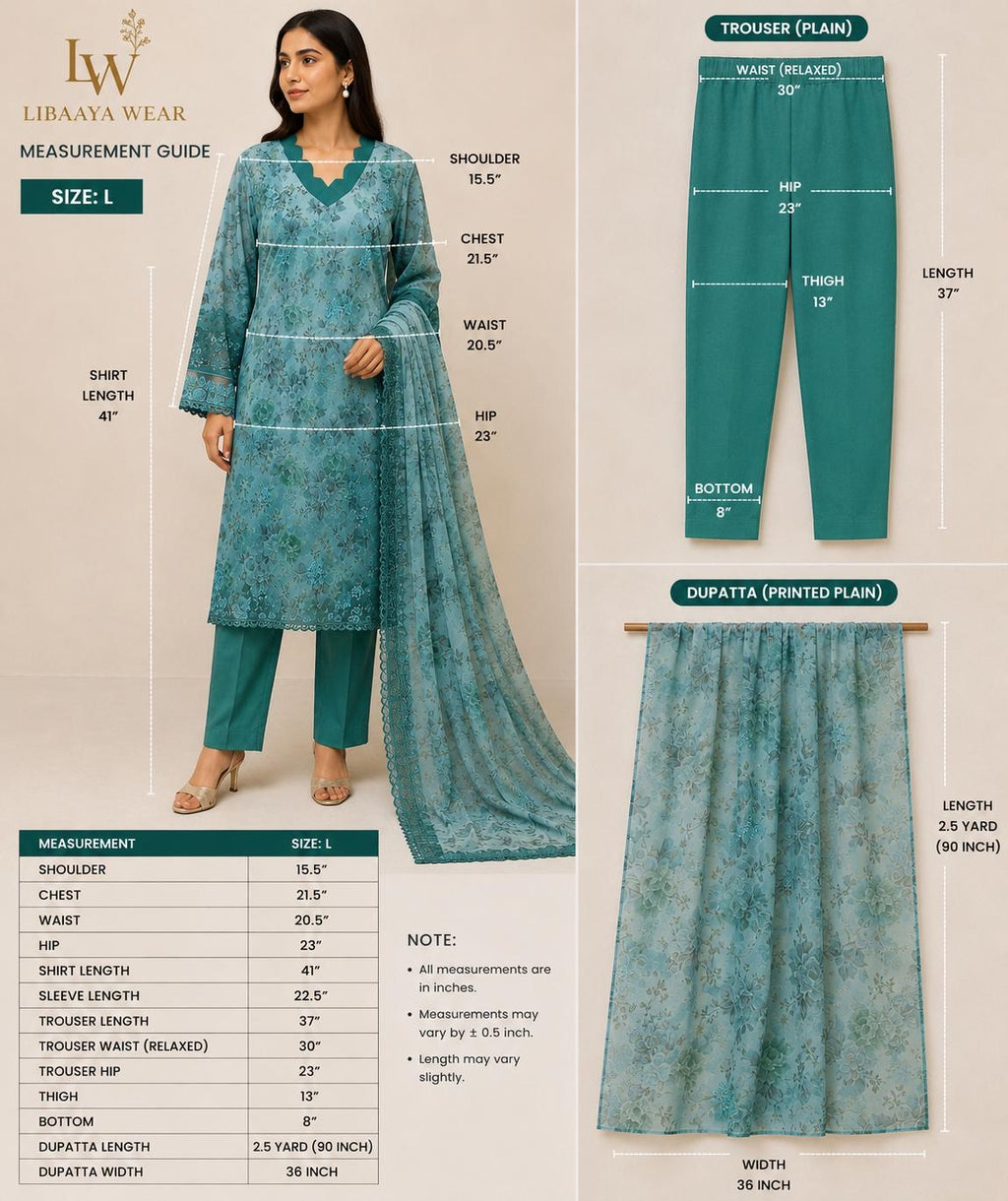 Aqua & Teal Floral Embroidered 3-Piece Stitched Suit