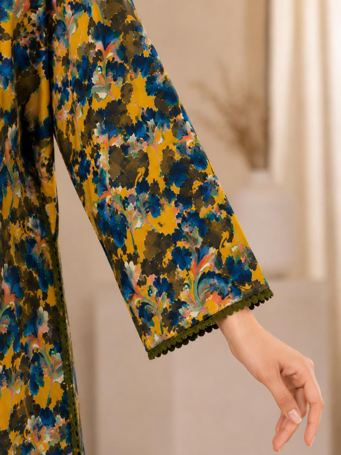Mustard Floral 2-Piece Stitched Suit