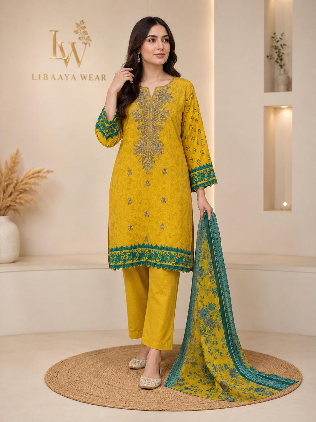 Mustard & Teal Embroidered 3-Piece Stitched Suit