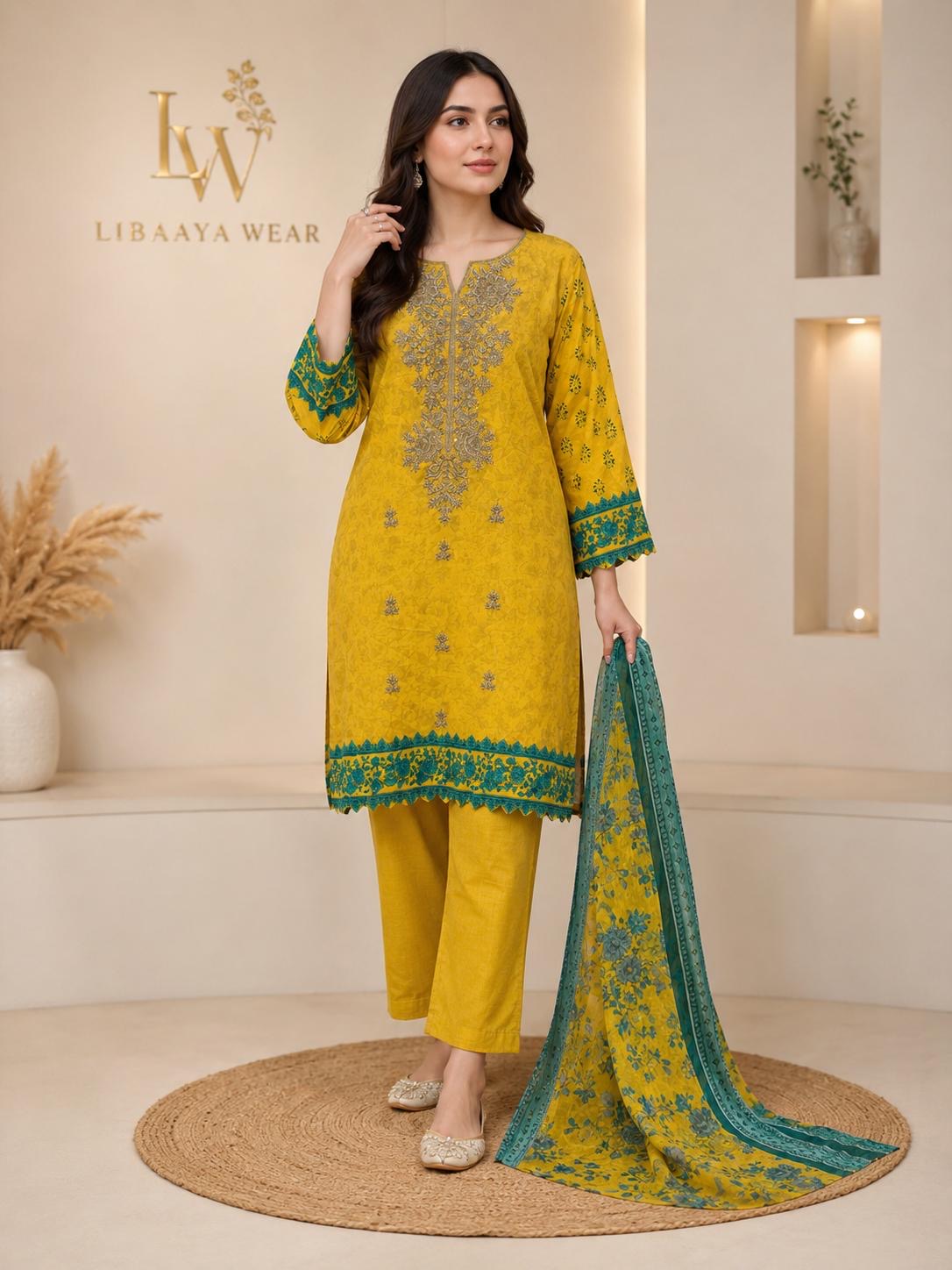 Mustard & Teal Embroidered 3-Piece Stitched Suit