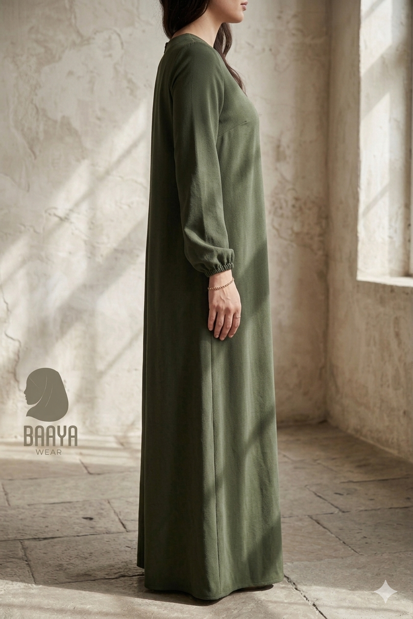 Olive Pleated Button Abaya